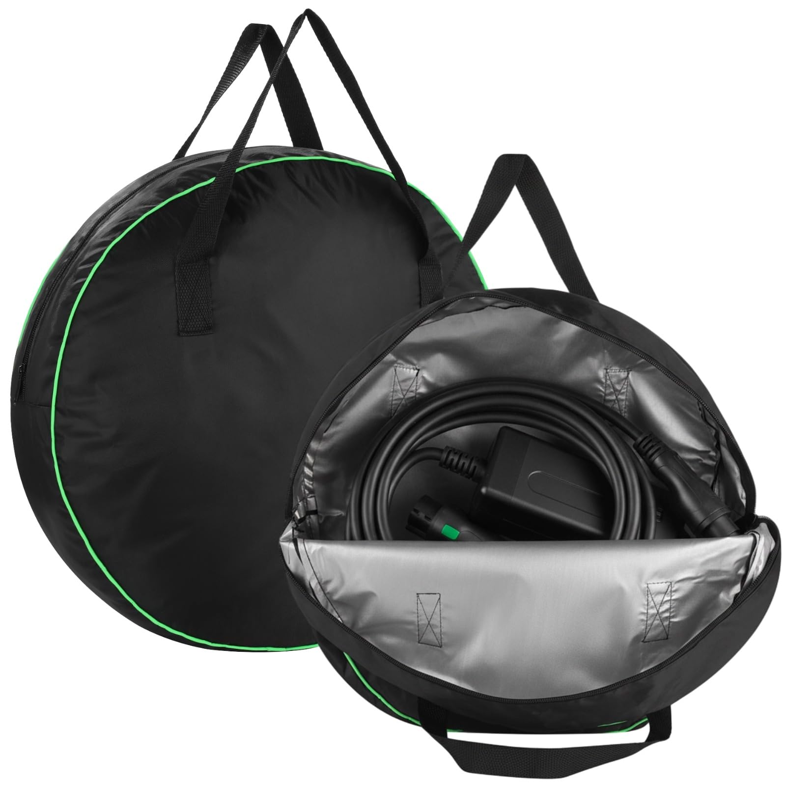 2 PCS EV Cable Bags, 2 Sizes Waterproof Oxford Cloth RV Hose Storage Bag with Silver Inner, Charging Cable Organizer with Reflective Strip, Jumper Cable Pouch for Electric Vehicle