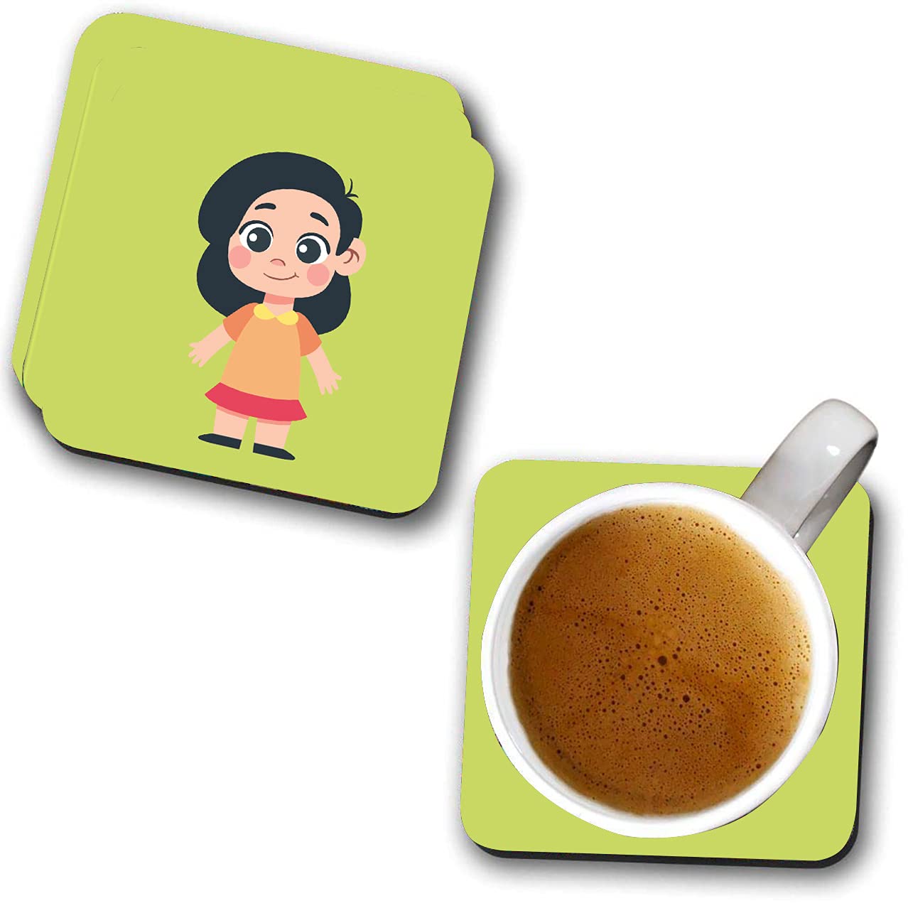 KREEPO Cute Boy and Girl Printed MDF Wooden Coaster in Square to Increase The Charm of Your Home(4inchx4inch) Multicolour