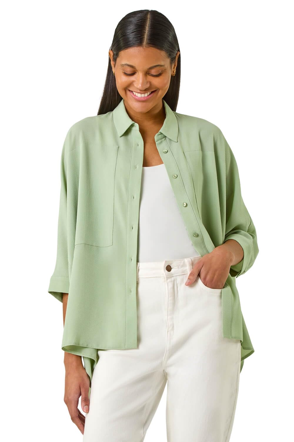 Roman Relaxed Smart Stretch Shirt for Women UK - Ladies Spring Everyday Summer Break 3/4 Length Sleeve Soft Classic Collar Comfy Lightweight Blouse Vacation Tops - Pale Green - Size 20