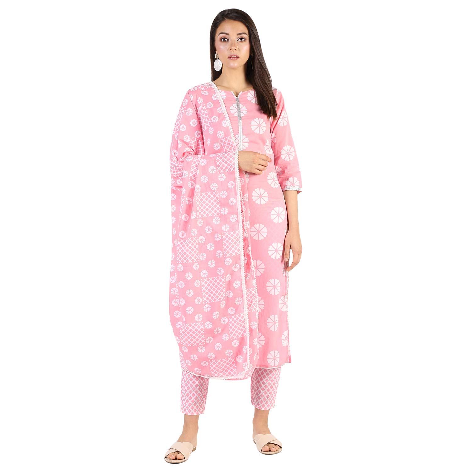 Stylum Women's Cotton Checks Print Straight Kurta Pant And Dupatta Set (Pinkcheckskpdset42_Pink, Xl)