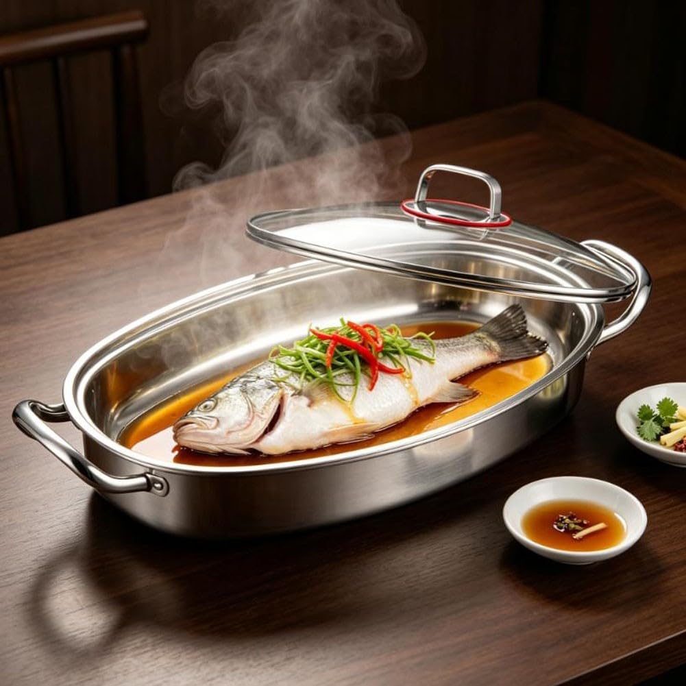 Olla para acero Inoxidable 304 para Pescado 38cm con Vaporera