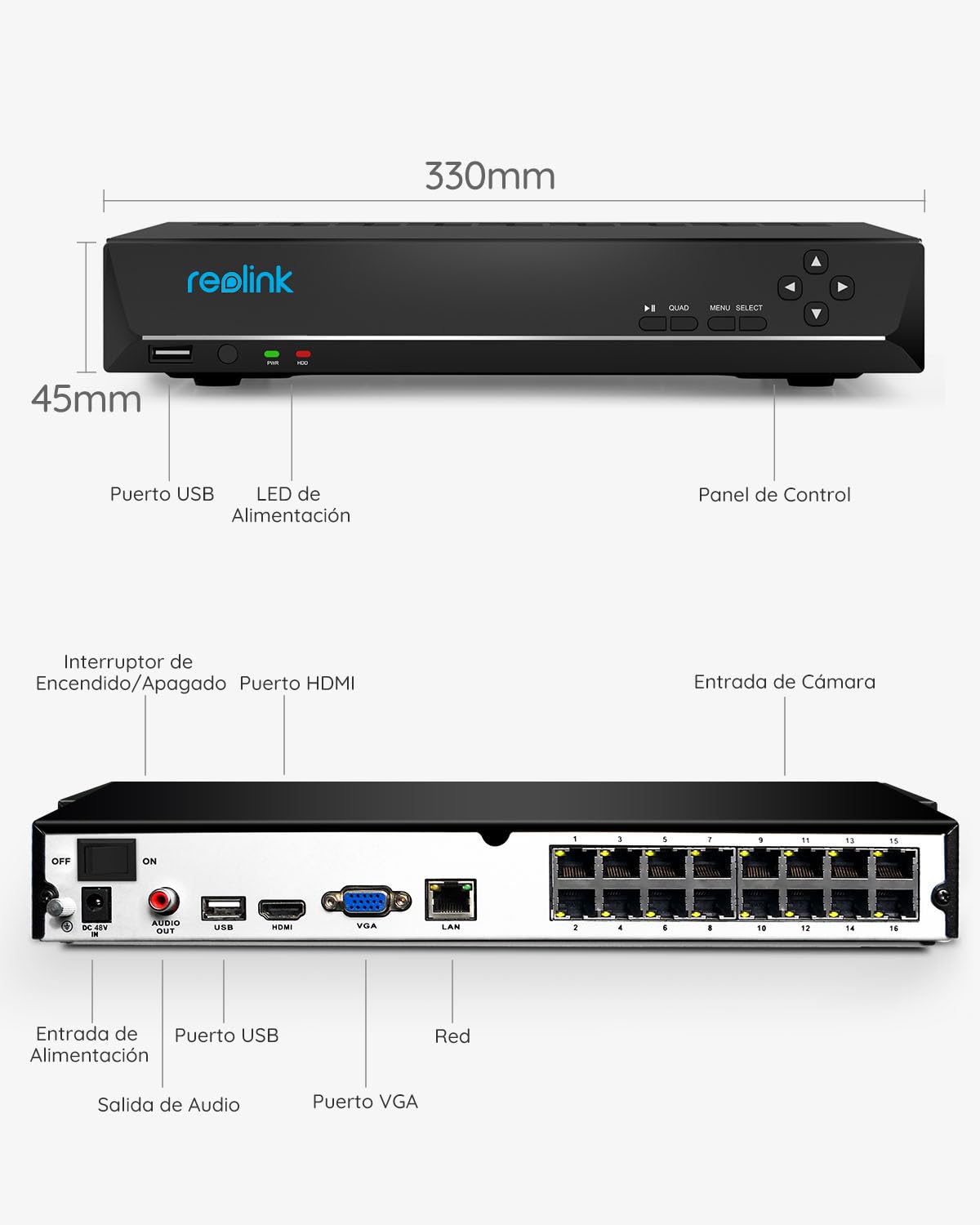 Reolink NVR PoE 16 Canales con 4TB HDD, Grabador de Video Soporta 12MP/4K/5MP/4MP, Capacidad Expandible a 12TB, Video Vigilancia Grabación 24/7, RLN16-410 (Reacondicionado)