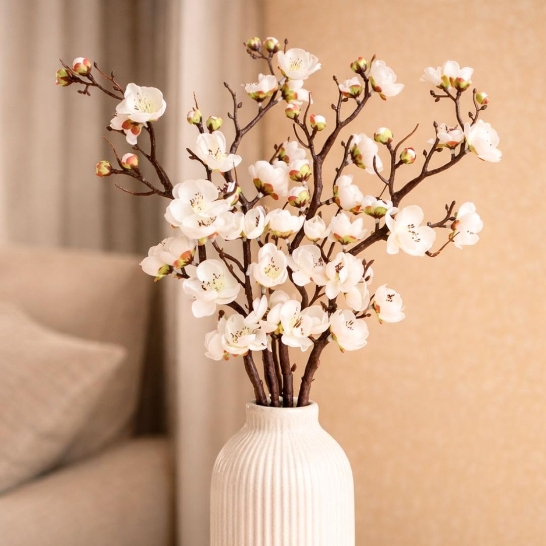 SATYAM KRAFT 3 Sticks Artificial Blossom Flower Bouquet Sticks for Home Decor, Bedroom, Living Room, Table, Balcony, Office, Wedding, Pooja, Anniversary Decorations – White (Without Vase, Fabric)-image-37