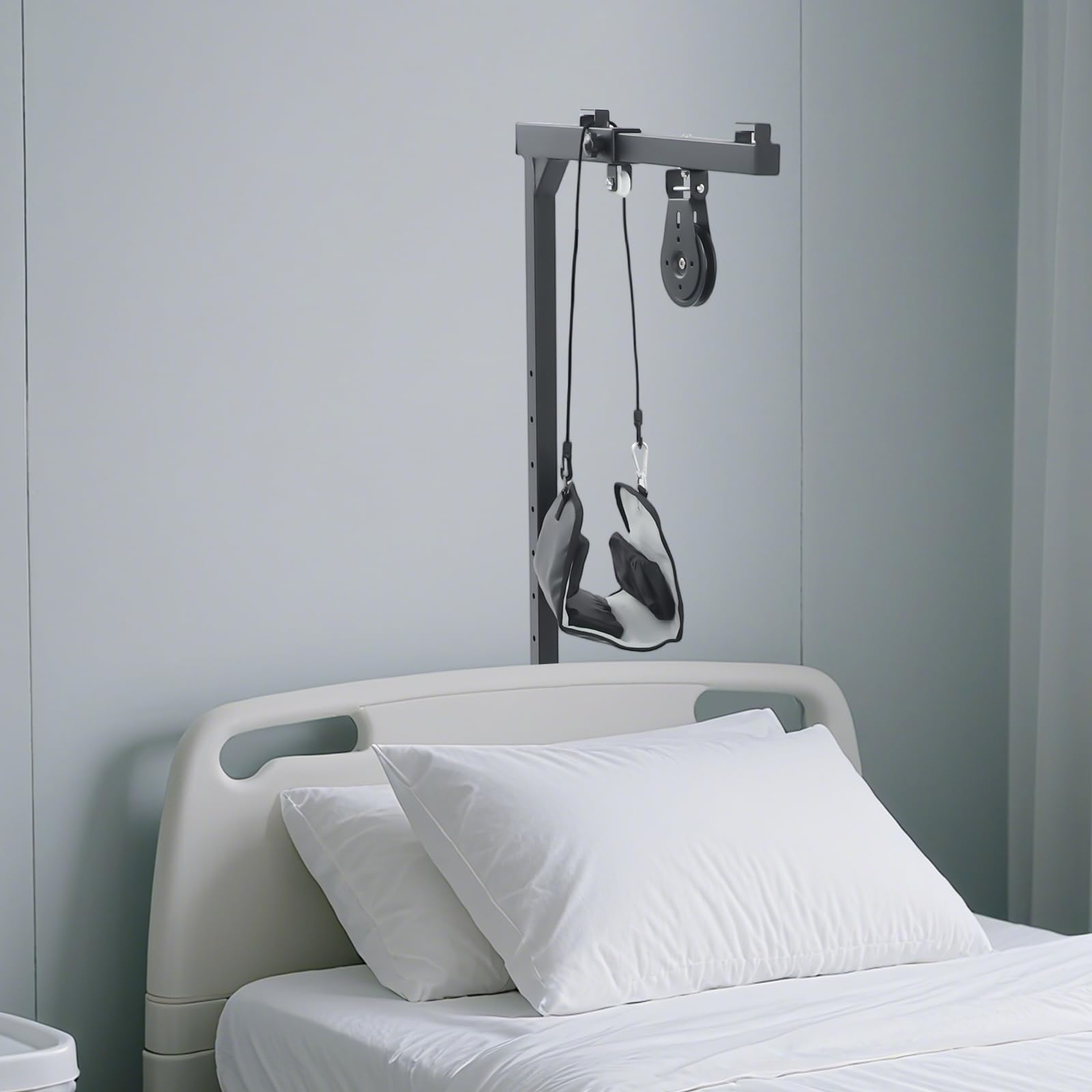 Elevador de cama de acero ajustable en altura ajustable, ayuda para dominadas de movilidad con mango trapezoidal, ayuda de elevación para ancianos y pacientes, hasta 100 kg (negro)