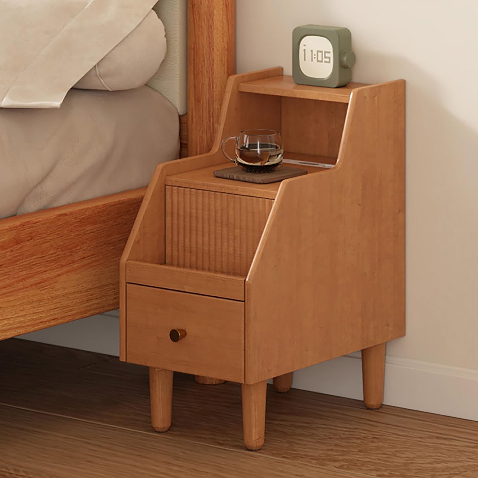 Table de chevet en bois massif orange 30 cm avec tiroirs de rangement chic
