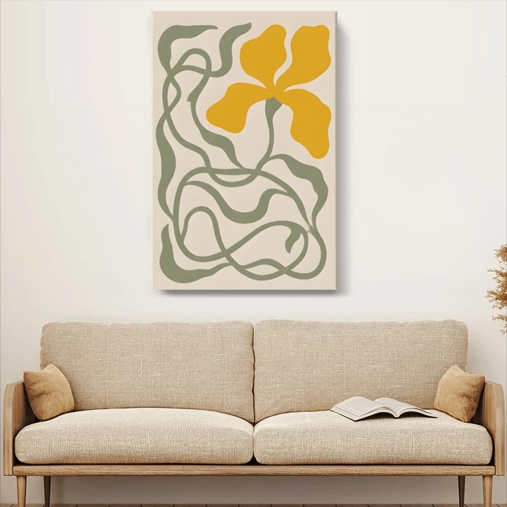 1 cuadro abstracto de flores amarillas con líneas verdes, ideal para la decoración del hogar (60x80cm/sin marco).