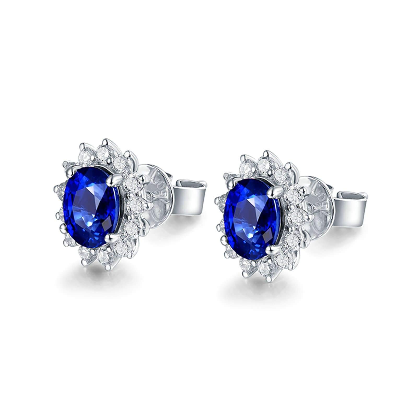 Pendientes Mujer en Oro Blanco 9 K / 14 K / 18 Kt, Flor y Oval con Zafiro de 1.7ct y Diamante, Pendientes Mujer Boda de Plata Azul