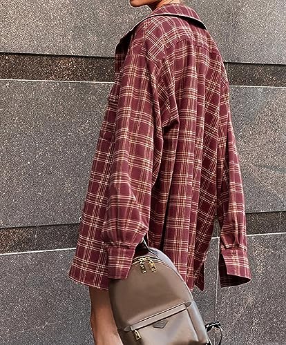 Womens Button Down Plaid Shirts Oversized Long Sleeve Casual Blouse Tops Boyfriend Fall Outfits2