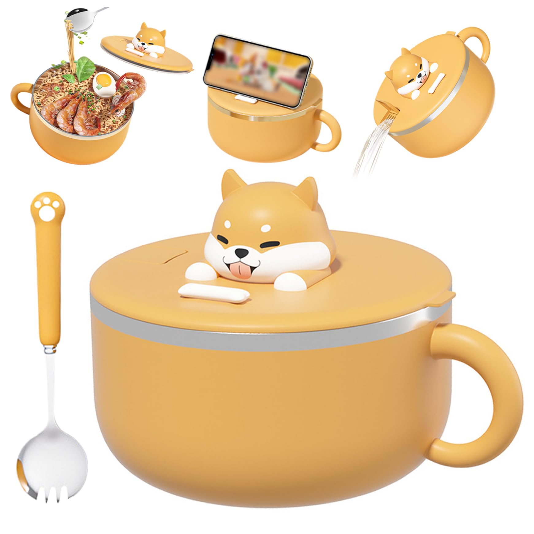 CAKEEYUM Instant Noodle Bowl with Handles 1200ml Ramen Bowl with Lid and Spoon – Portable Microwave Safe Cooker for Soup Noodles Dumplings Salads