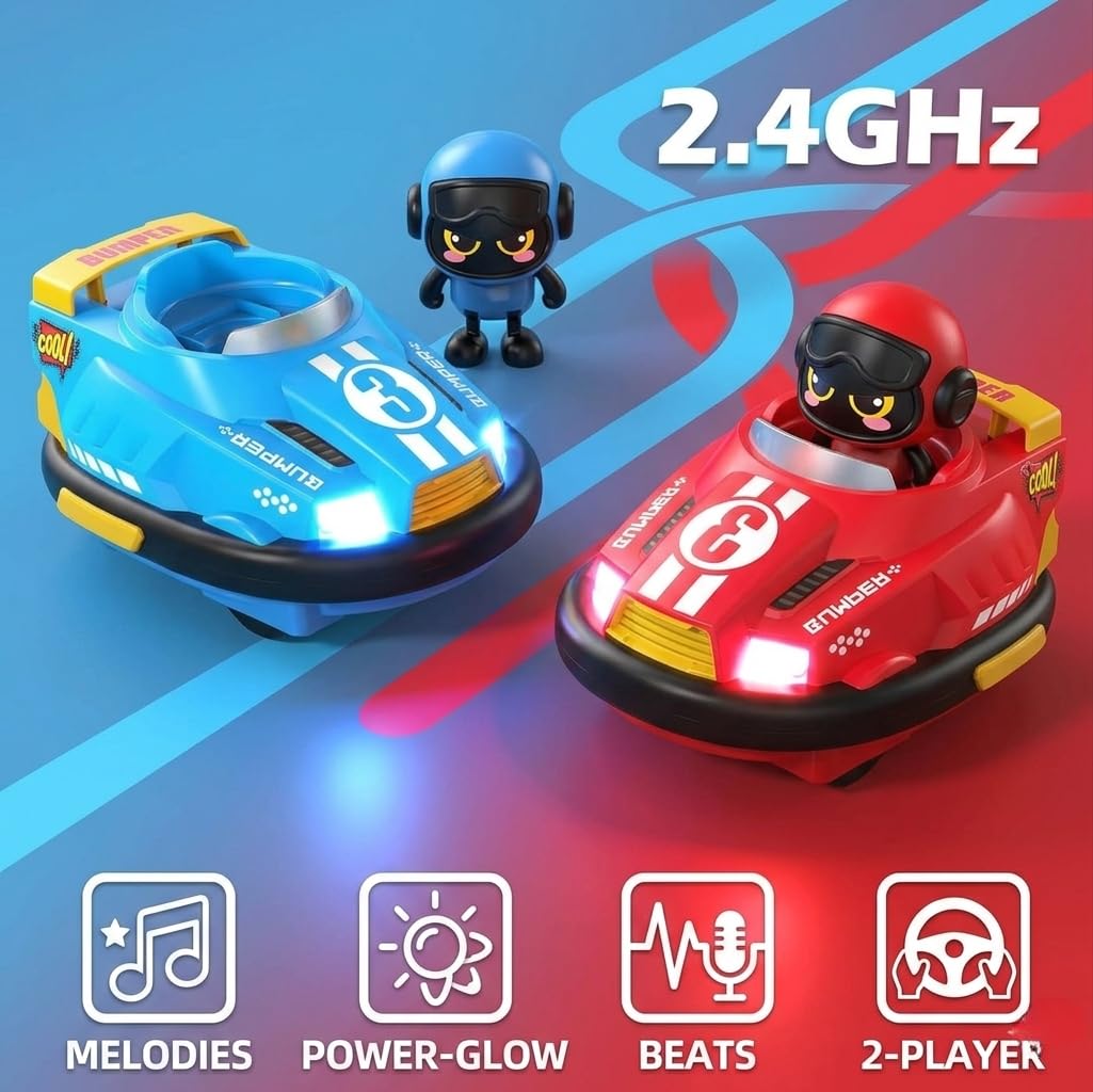 Coche de Choque RC Multifuncional. Coche teledirigido con Robots saltarines.. Incluye 2 Super Bumper Car RC 360º con Luces LED y música. 2 Jugadores. Color Azul y Rojo. Stunt RC Car