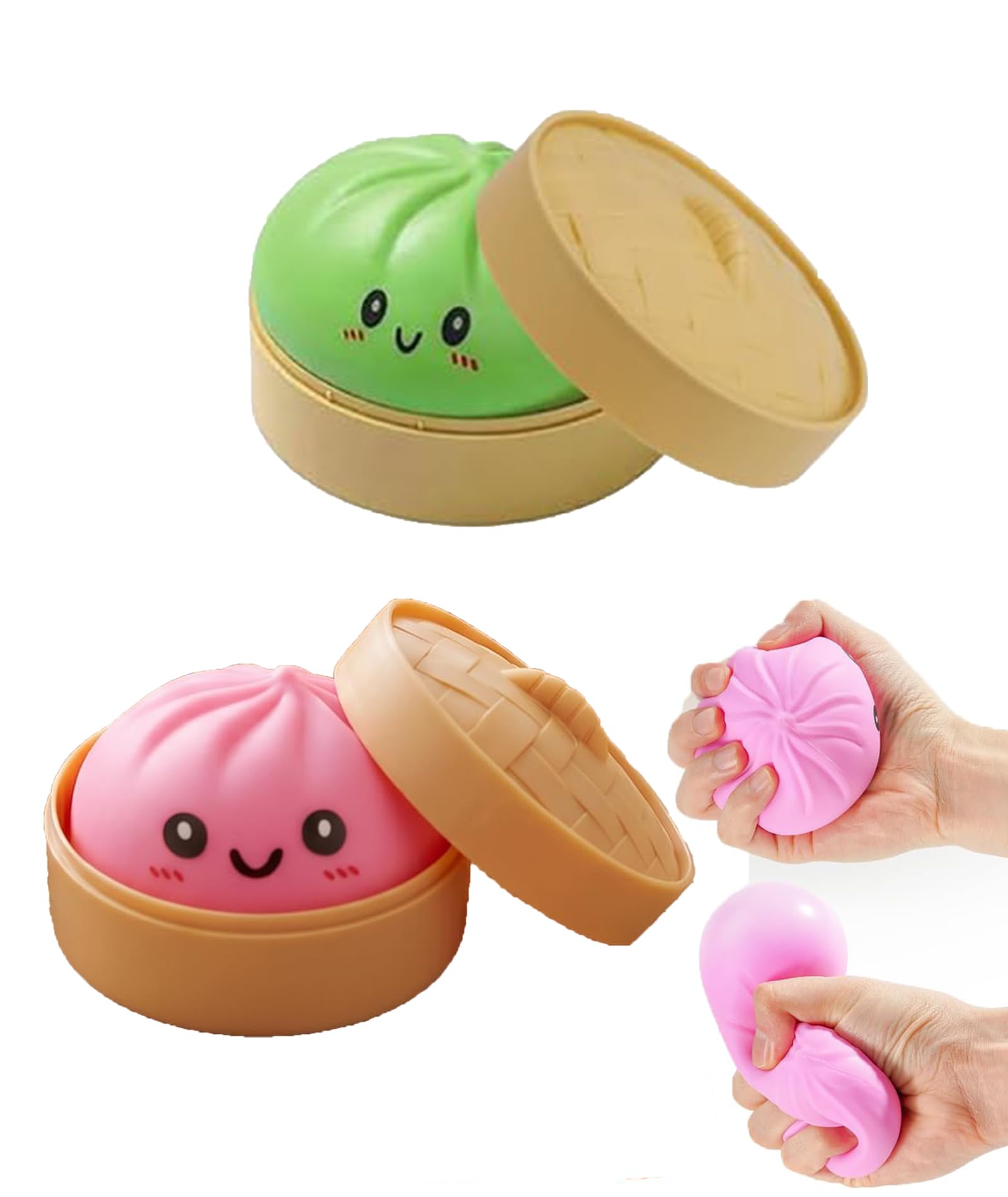 2 Pcs Dumpling Squishy, 6CM Squishy Ball with Soft Texture and Fun Shapes, Sensory Fidget for Play and Collection, Party Favors, Steamed Buns and Steamer, Green and Pink Smiling Expression Baozi-picture-12