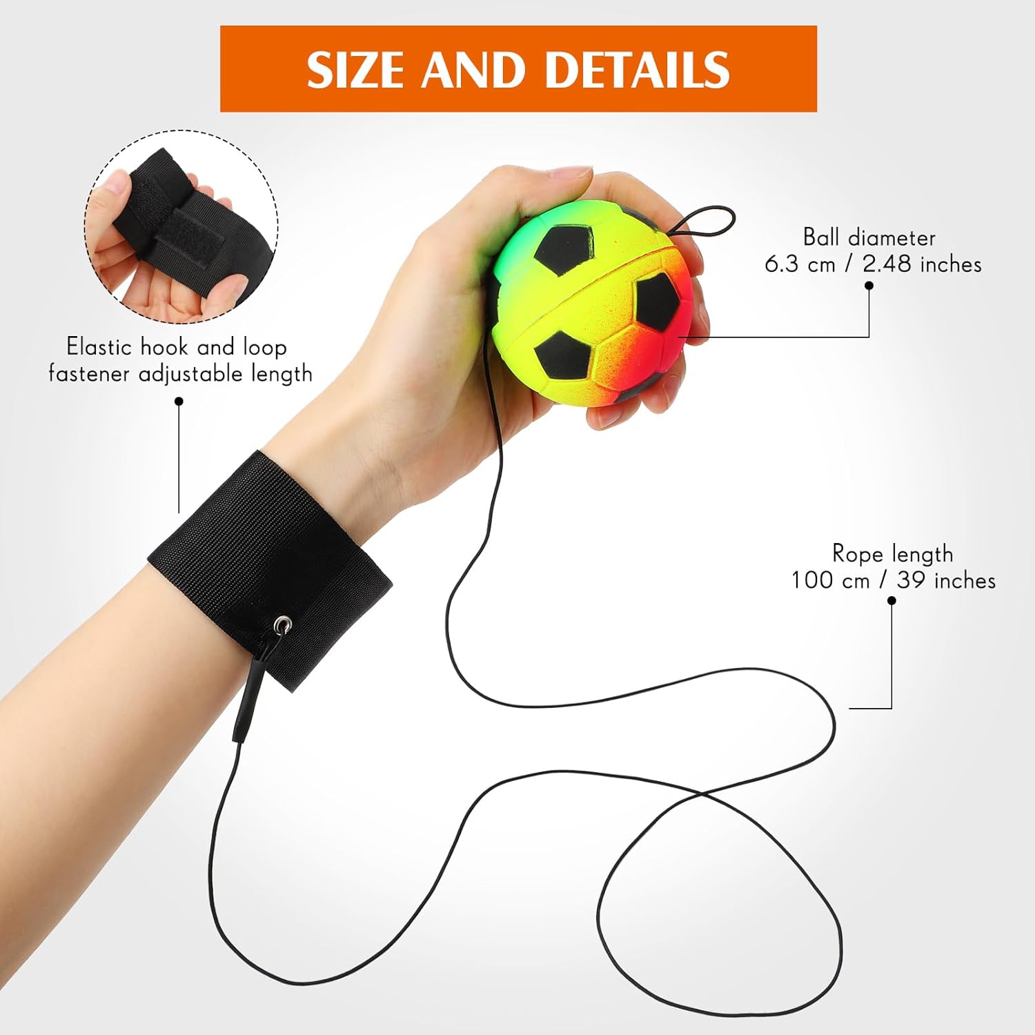 Skylety Wrist Return Ball Wrist Band Ball 2.48 Inch Rubber Rebound Sports Bouncy Basketball Baseball Soccer Wristband Toys for Exercise Sports and Children or Adults for Fun