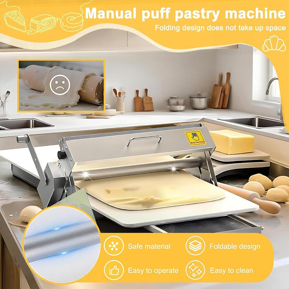 Máquina de laminación manual de masa con grosor ajustable, equipo de panadería de acero inoxidable para una preparación eficiente de la masa