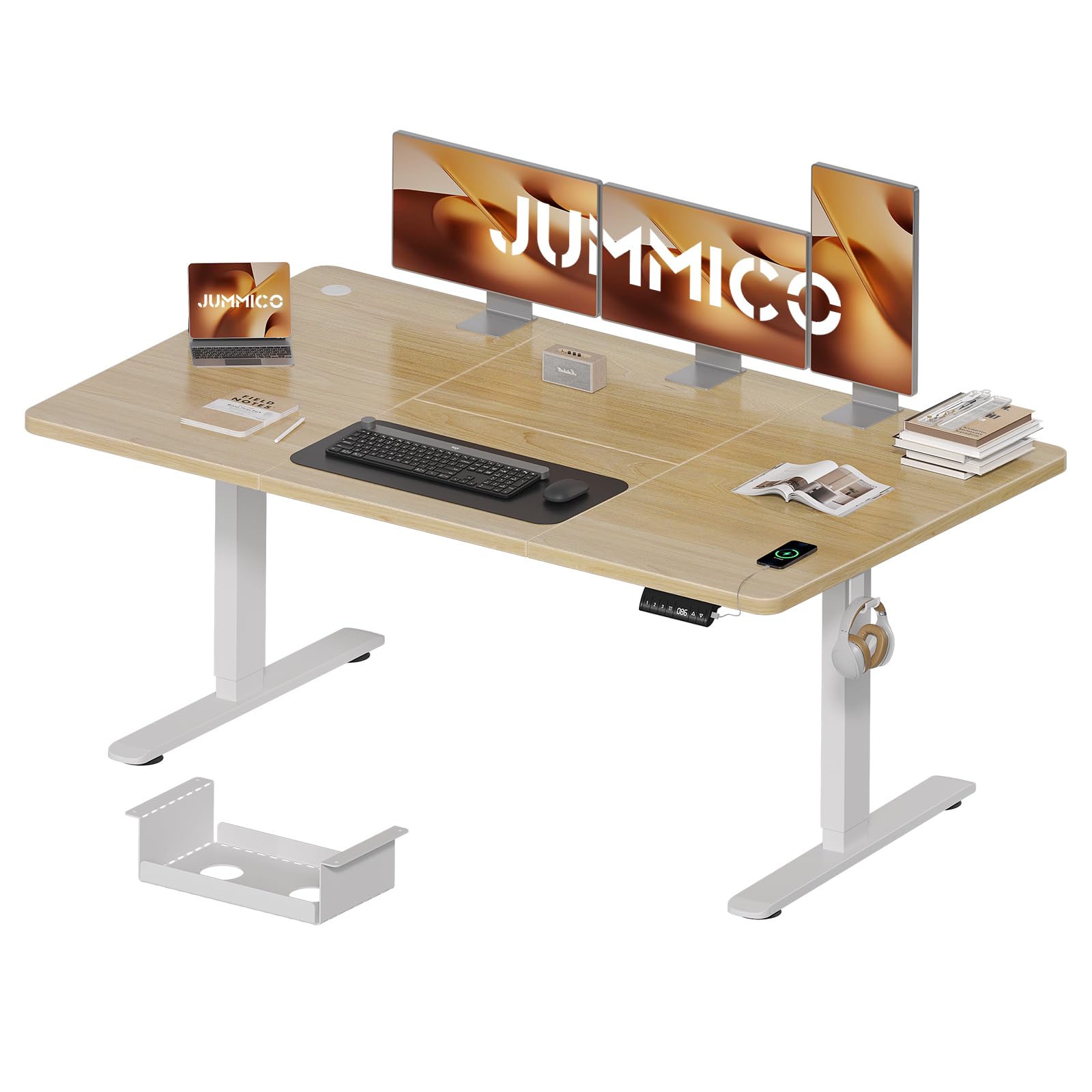 JUMMICO Scrivania Regolabile in Altezza Elettrica 160x80 cm, Scrivania Ergonomica Seduta in Piedi con Vassoio per Cavi e Porta USB, Scrivania per Computer Ufficio, Beige e Bianco