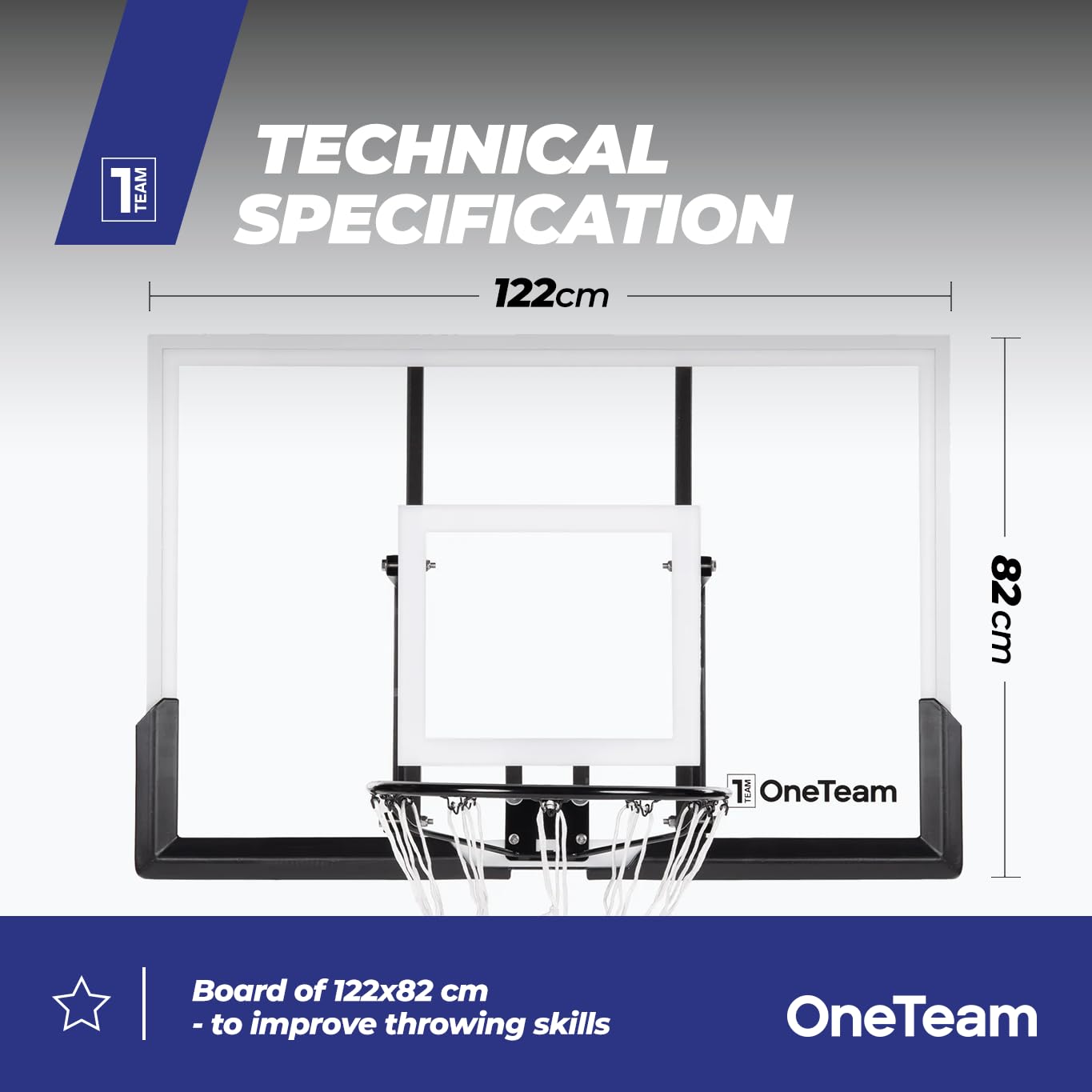 OneTeam Tavola da basket, dimensioni 122 x 82 cm, colore nero, con rete in nylon e cestino in acciaio da 45 cm, materiali di costruzione durevoli