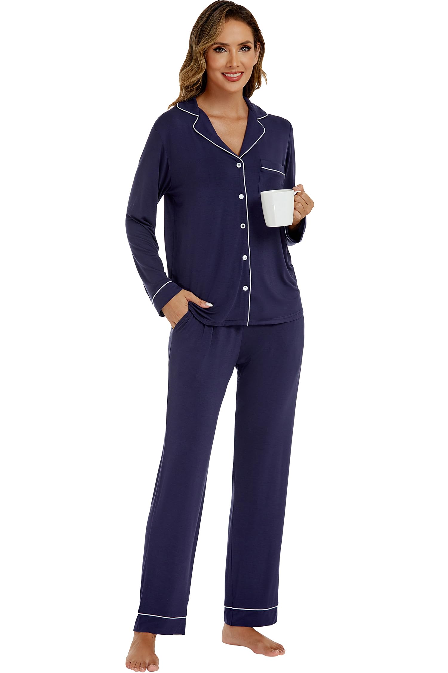 LUBOT Conjunto de Pijama para Mujer, Ropa de Dormir de Dos Piezas, Pantalones Largos y Tops de Modal Suave para Mujer, Tallas S-XXL