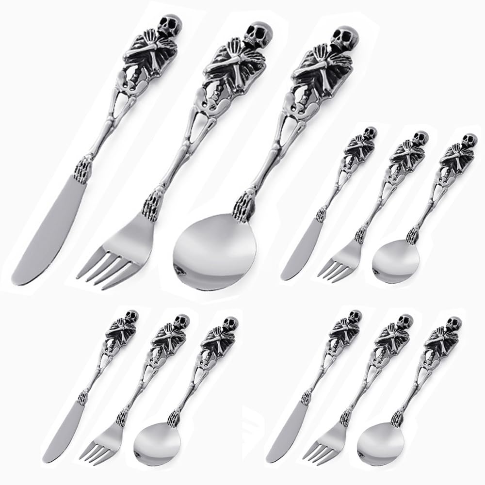 Exaggerated Bossy Creative Skull Handle Kitchen Stainless Steel Silverware Tableware Flatware Cutlery Knives Forks Spoons Set,Hotel Home Theme Restaurant Banquet (12 piece Set for 4 People)