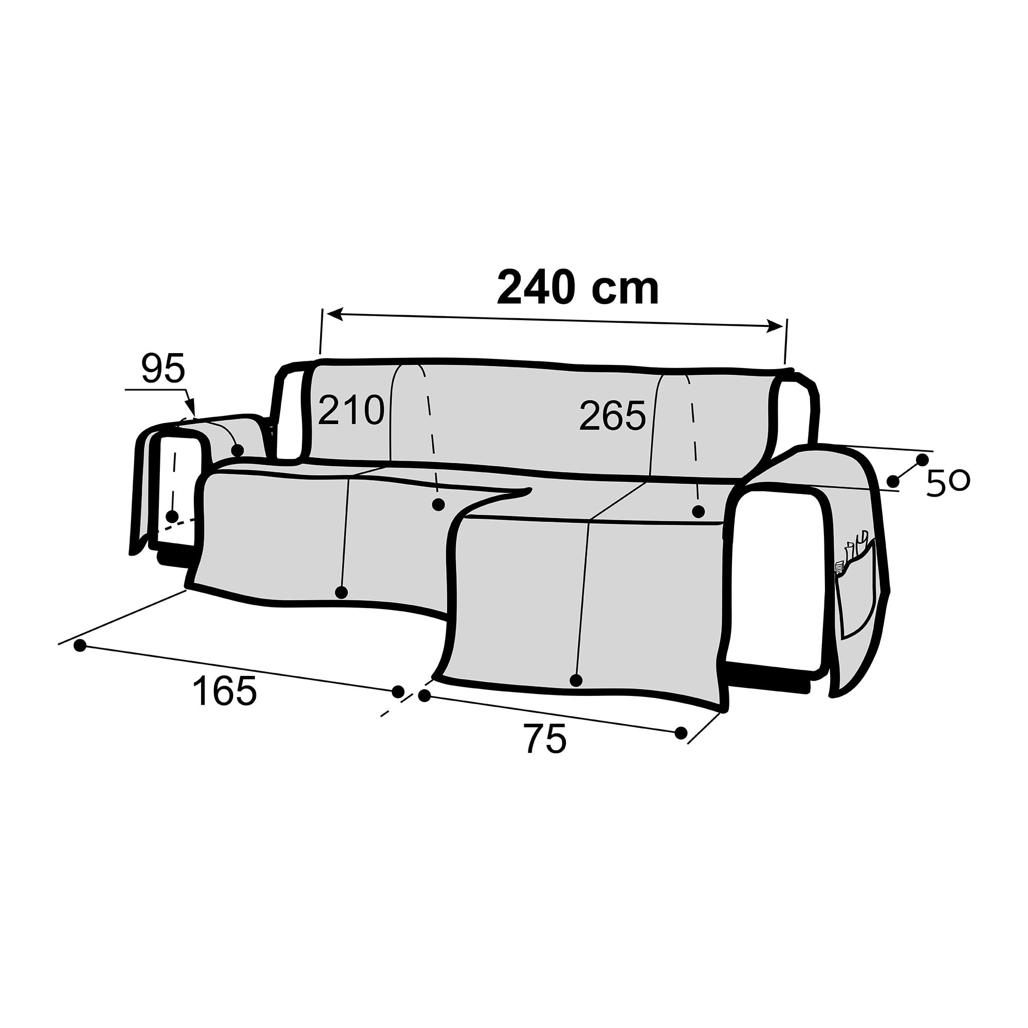 FAVERTI® Cubre Chaise Longue Brazo Derecho 240 (Visto de Frente) | Modelo DAIMUS | Súper Fresco y Resistente para Mascotas, Hecho en españa con Material Reciclado | Protector Chaise Gris Claro