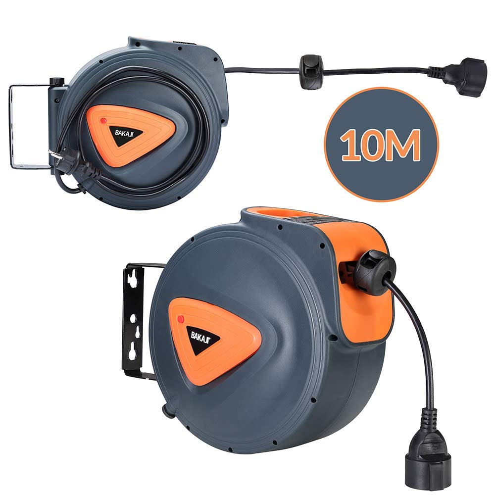Bakaji - Enrollador de cable eléctrico con cable de 10 m, toma Shucko, fijación a la pared, sistema de bloqueo automático, ahorra espacio, accesorio enrollador de manguera alargador eléctrico