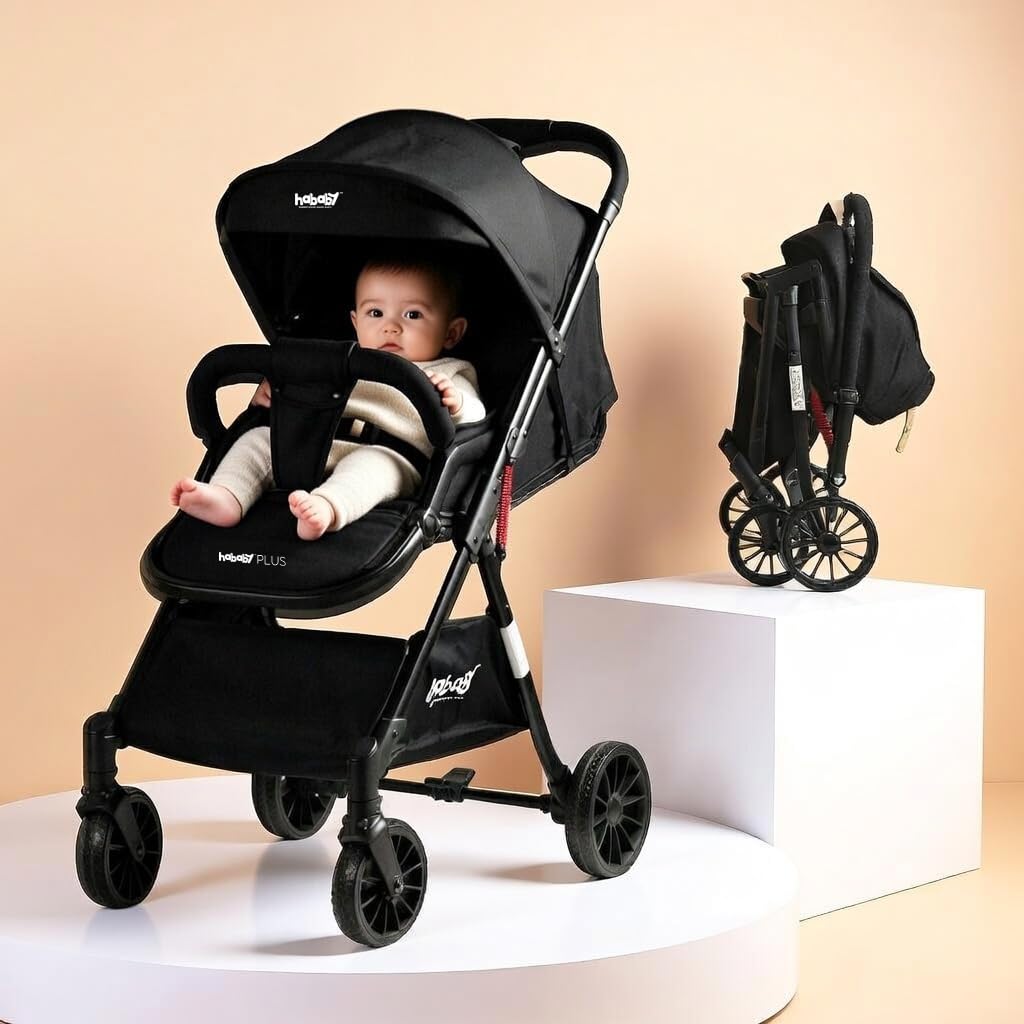 - Hababy Plus with NavBaby GPS - European Certified Baby Pram/Stroller (Black) 0-3 Years - Foldable, Lightweight Pram with 360 Wheels, Suspensions - Ideal Compact Travel Trolley for Boys & Girls