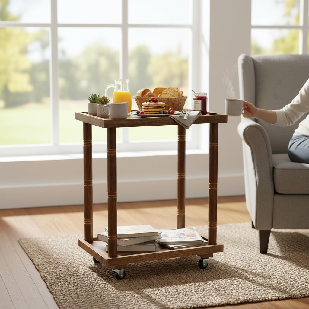 Wooden Trolley with Wheels, Multi-Purpose Serving Cart with 2 Shelves, Brown Finish-image-14