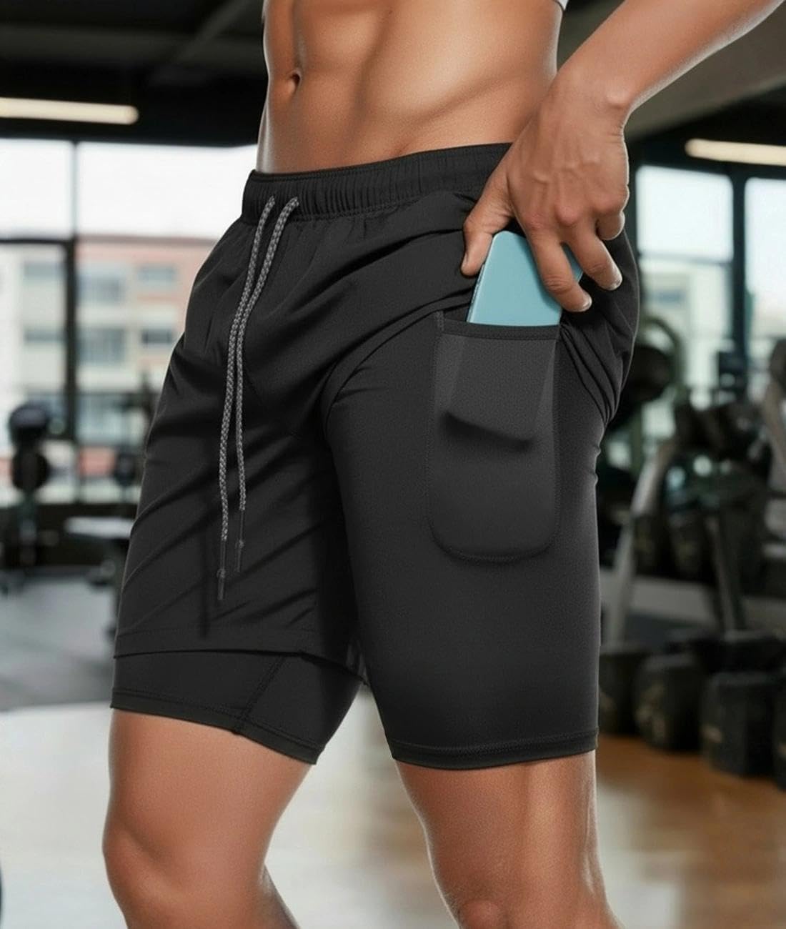 Mens 2 in 1 Running Shorts Quick Dry Athletic Shorts Clothes with Pockets Black