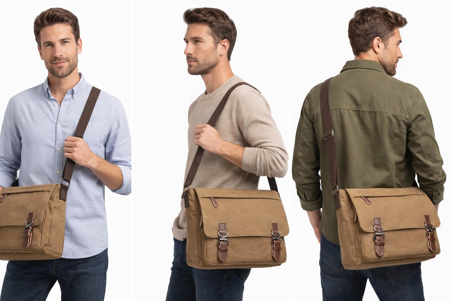 Bolso bandolera de lona para laptop de 15.6 pulgadas para hombres y mujeres, bolso cruzado de lona con hebilla magnética y múltiples bolsillos, bolso vintage para el trabajo, la escuela y los