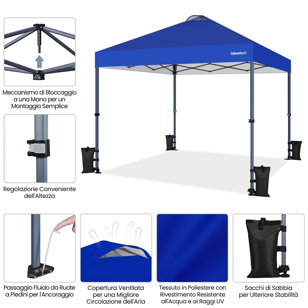 Yaheetech Gazebo Pieghevole 3x3 M da Giardino con Ruote per la Mobilità Tenda Esterno con Sistema di Clic Pop-up Regolabile in Altezza per Festa Spiaggia Blu