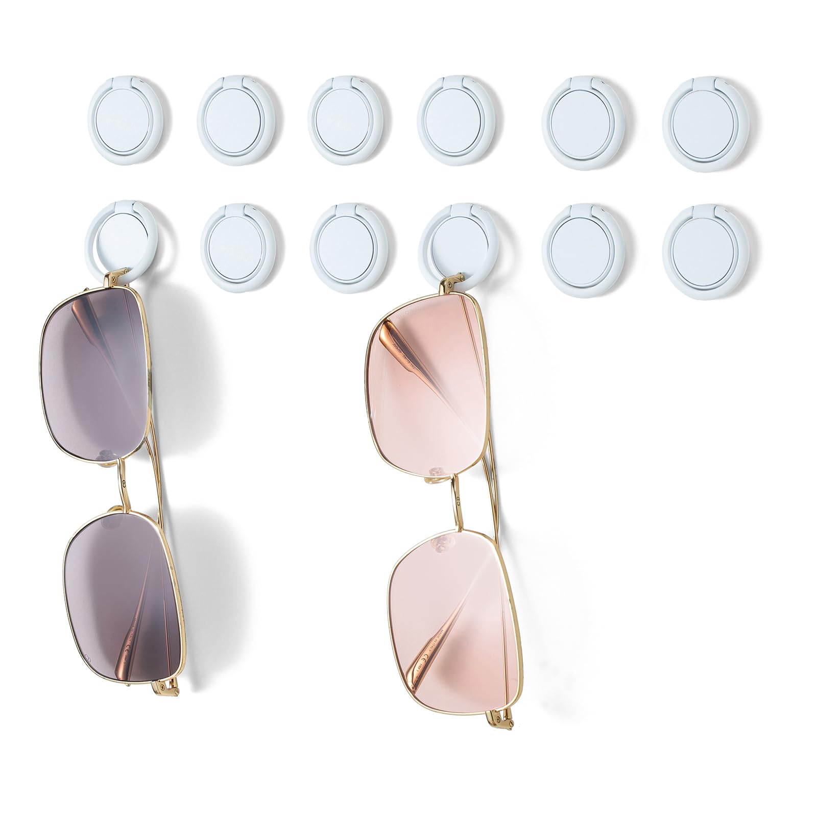 Organizador de gafas de sol montado en la pared, soporte para gafas de sol para colgar 12 unidades (blanco con adhesivo)