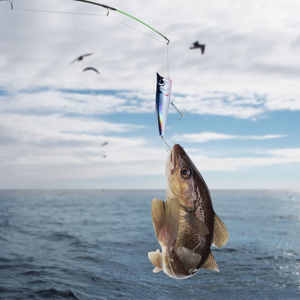 Señuelos de pesca de agua salada de superficie, señuelo flotante de pesca de surf anzuelos triples con ojos 3D para bar, trucha, dorado, gallineta