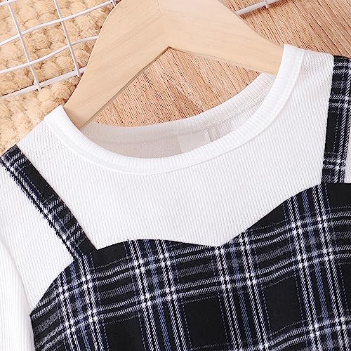 Image of Toddler Little Girl's Long Ruffle Sleeve Solid Top and Plaid Belted A-line Skirt Set with Hat