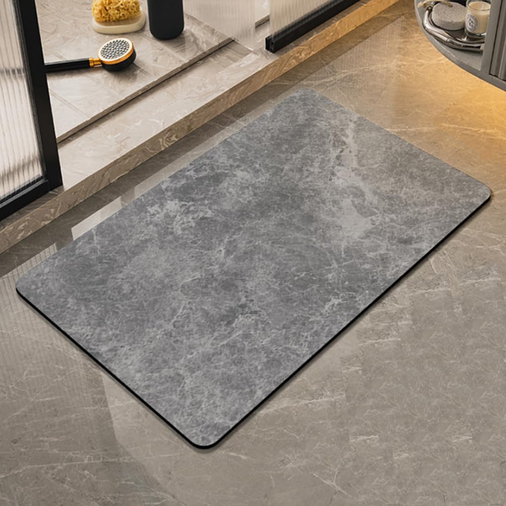 Bath Mat Bathroom Marble pattern rubber mat 40x60cm ultra-thin absorbent non-slip bathroom rug quick-drying bathroom carpet entrance mat kitchen easy to clean toilet carpet(Grey) (15.7x23.6inch)