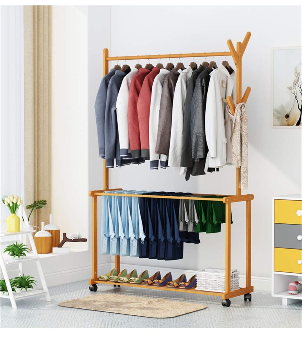 Naayaab Craft Bamboo Coat Stand, Clothes Hanging Rail with 2 Shelves 4 Hooks, Bamboo Garment Rack for Shoes, Hats and Scarves, in The Hallway, Living Room, Guest Room - Size (80 x 37 x 175cm)
