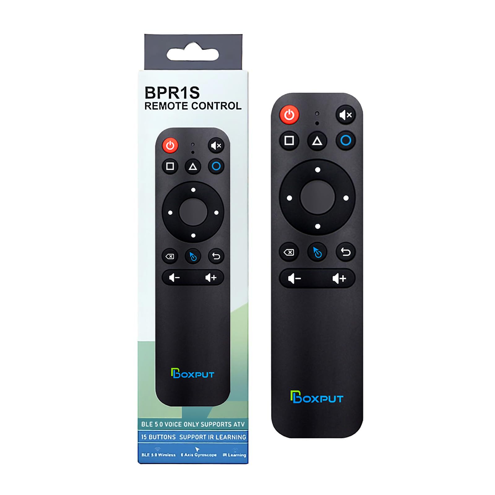 BOXPUT BPR1S Air Mouse Remote Control with labeled buttons and back view.