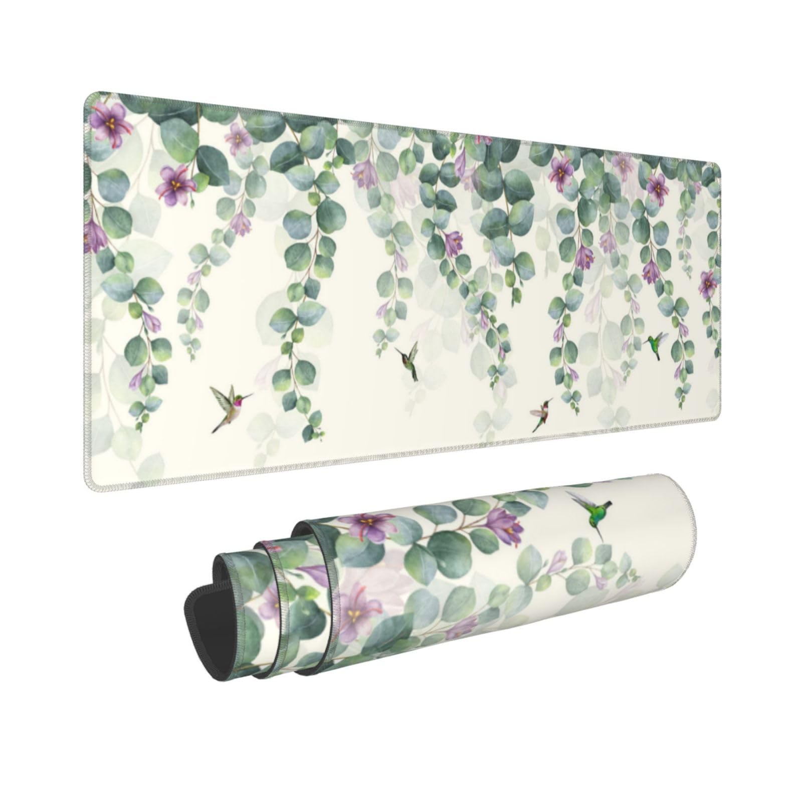 Green Eucalyptus Leaves Flowers Hummingbird Spring Summer Mouse Pad Long Extended XL Mousepad Desk Pad Gaming Pc Desktop Large Rubber Mice Pads Stitched Edges 31.5'' X 11.8''