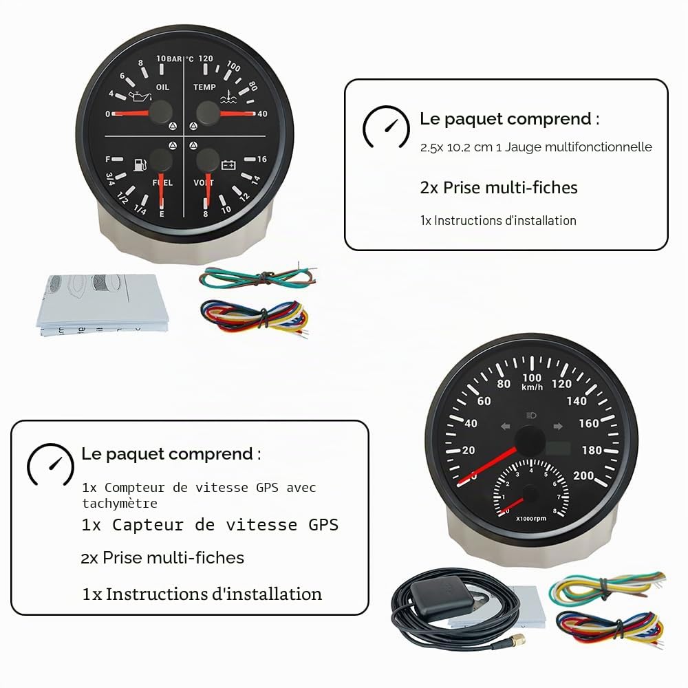 ELING Compteur de vitesse GPS de 110 mm 0-200 km/h avec tachymètre 0-8000 tr/min avec indicateur multifonction 4 en 1, niveau de carburant, pression d'huile, température de l'eau 12 V avec