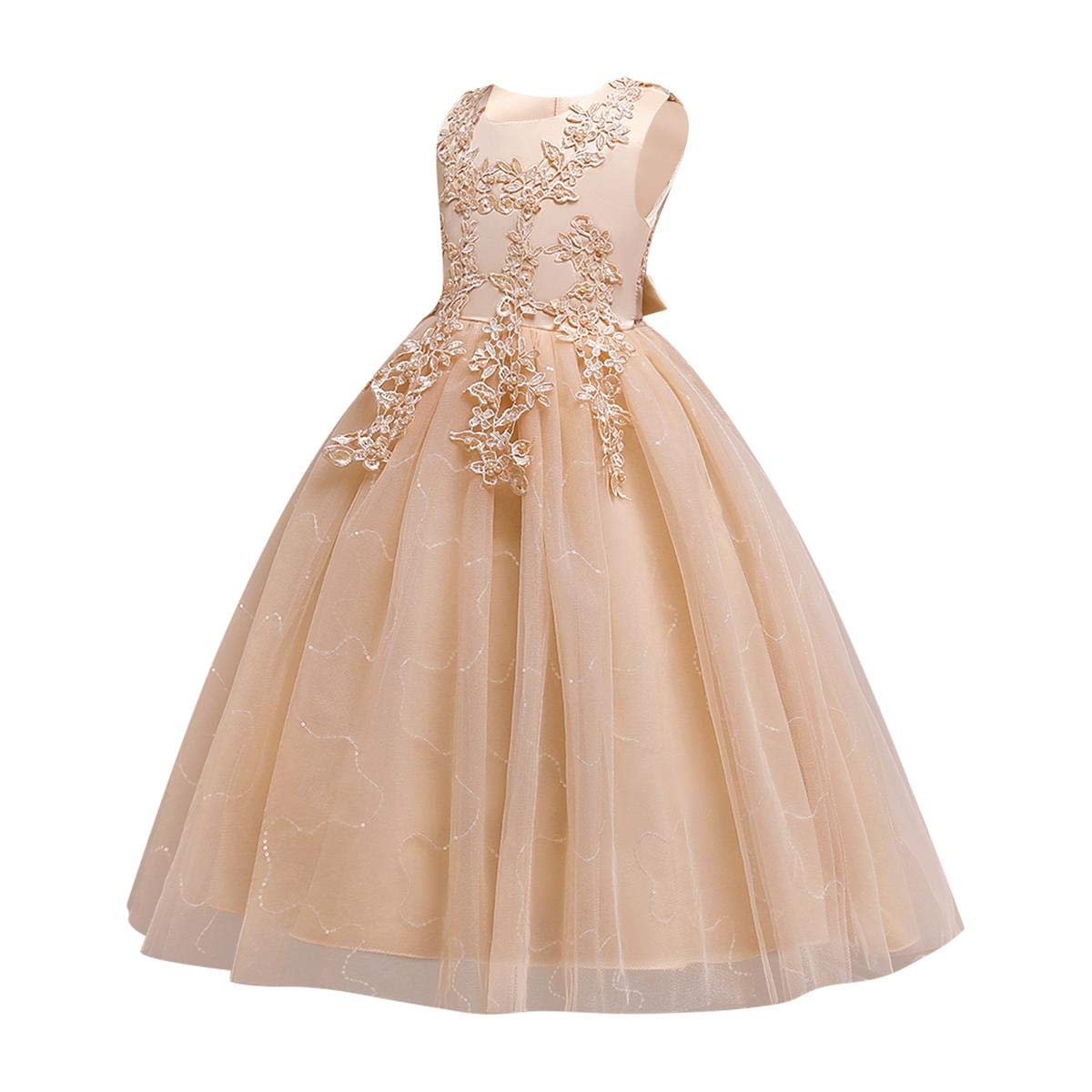 Baby Girls Flower Lace Long Princess Embroidery Poofy Dress for Toddler Wedding Bridesmaid Pageant Baptism Birthday Party Communion Puffy Tulle Dance Evening Ball Maxi Gown Khaki-06 6-7 Years