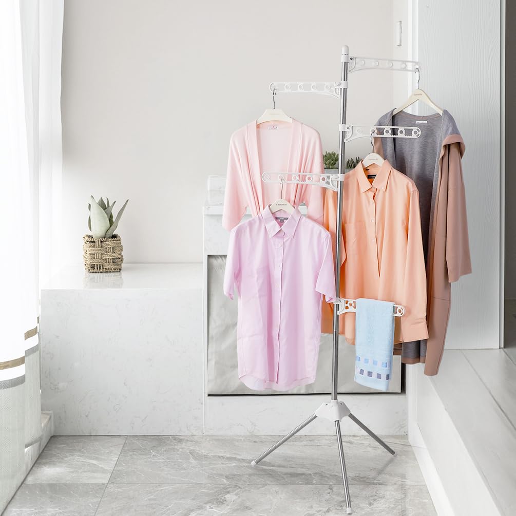 BAOYOUNI Sechoir à Linge Étendoir Pliable en Métal Trépied Etendoir à Linge Rabattable avecà 5 Bras Peu Encombrant Facile à Installer, pour Intérieur et Extérieur, Ivoire