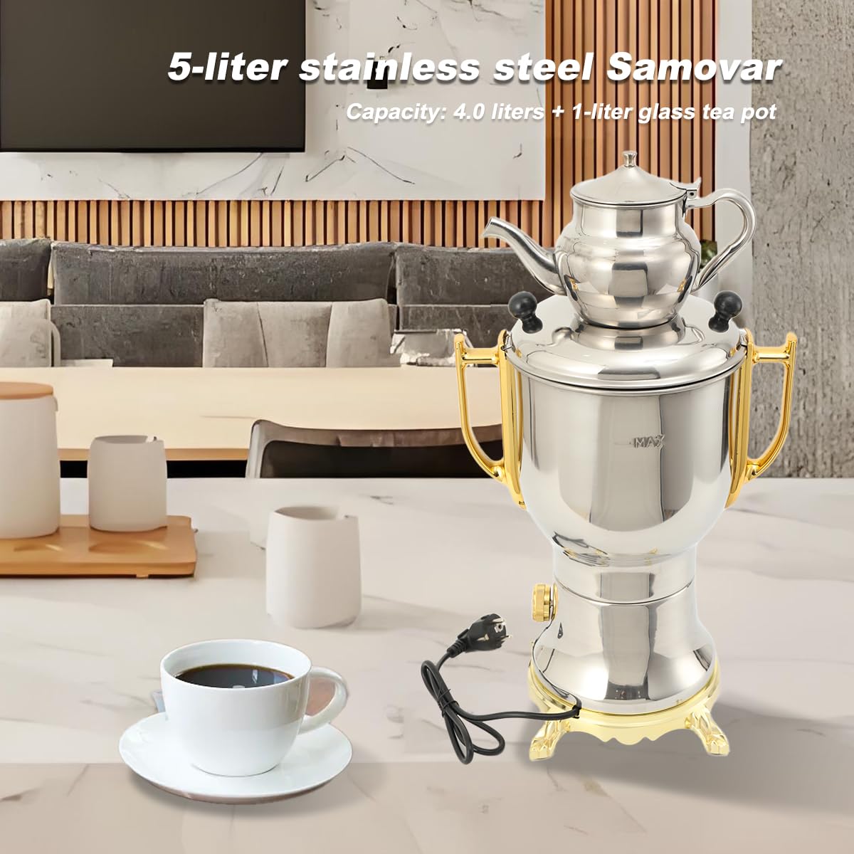 Edelstahl Holzkohle Samowar 5L, Russischer/Türkischer Samowar Elektrischer Teekocher, 4.0L Wasserbehälter + 1.0L Teekanne, 1800W Teekocher elektrisch für Hotel & Gastro geeignet