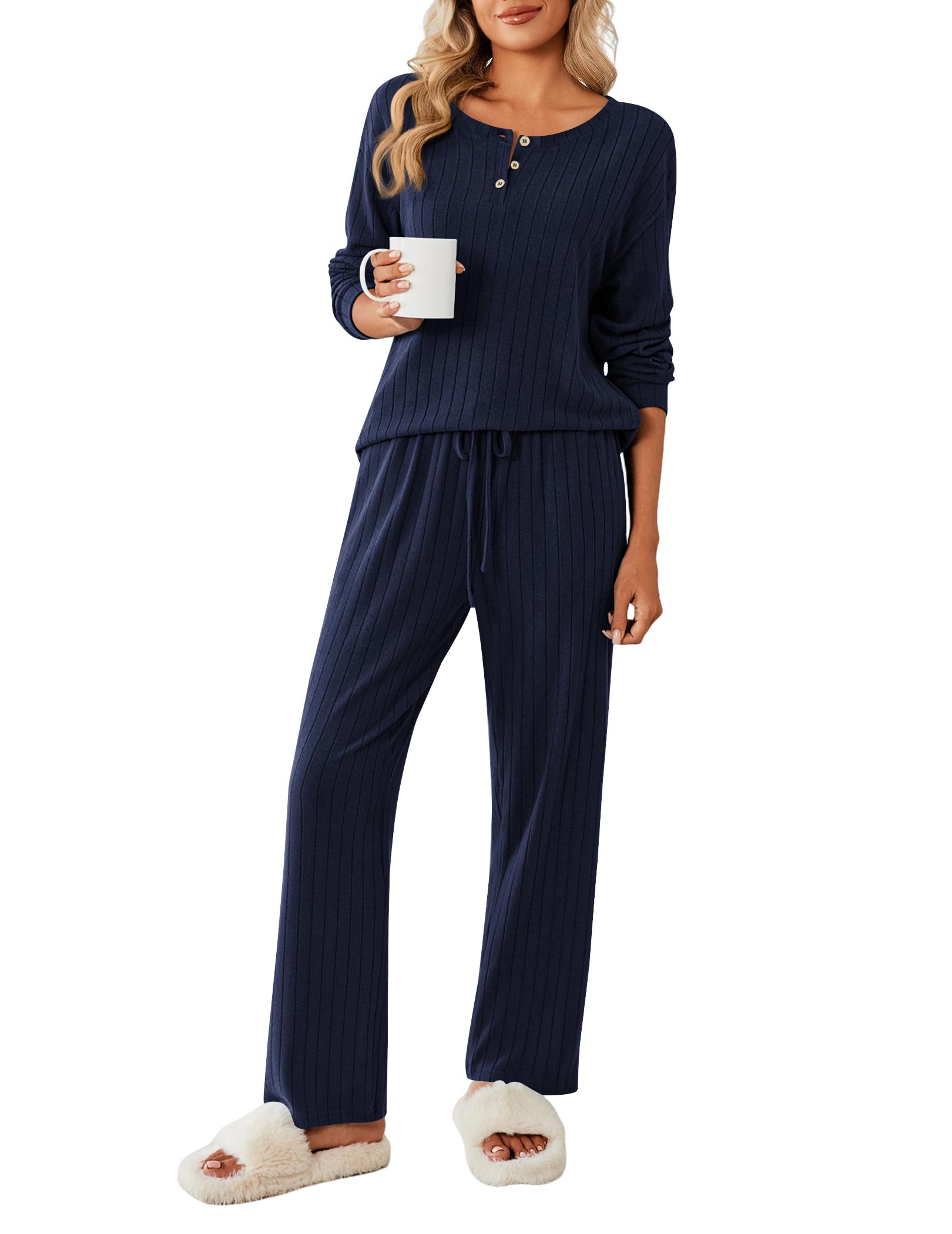 Ekouaer Schlafanzug Damen Lang Pyjama Set Rundhals mit Knöpfen Zweiteiler Sleepwear Winter Loungewear für Frauen, S-XXL