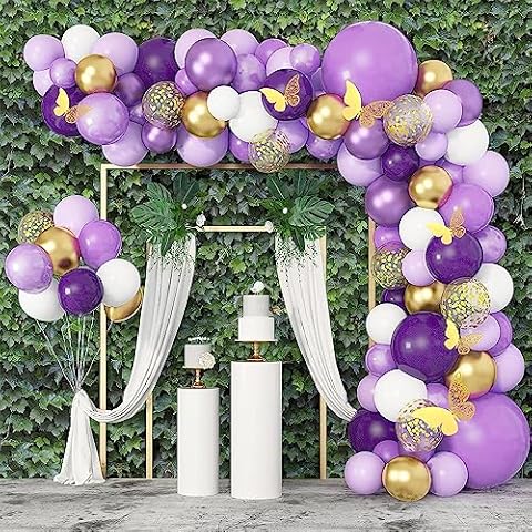 Ouddy Party Purple Balloons Garland Arch Kit,152Pcs Light Pastel Purple Gold Balloon Confetti Metallic Balloons for Baby Shower Wedding Mothers Day Purple Butterfly Birthday Party Decorations Supplies Cover