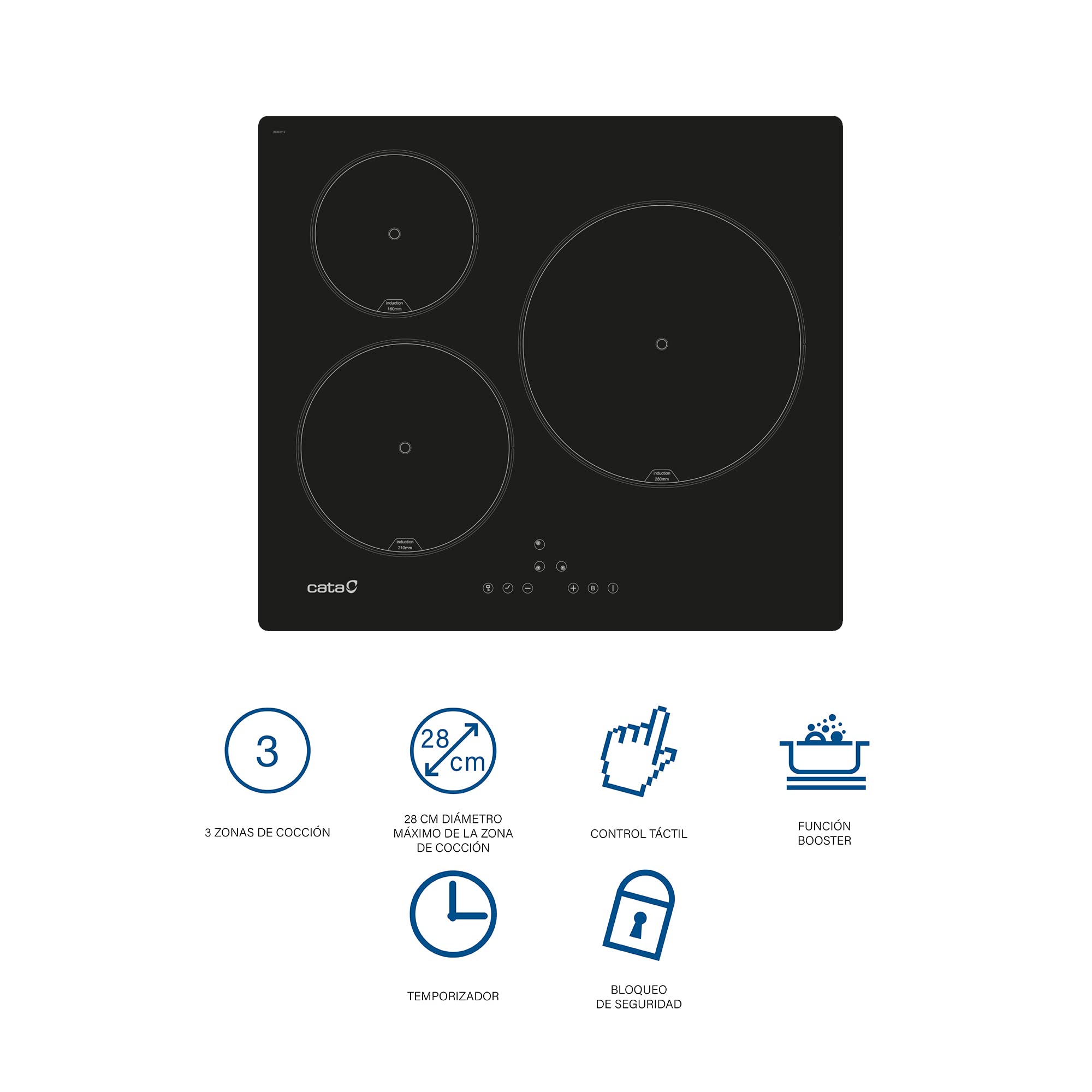 Cata IB 6303 BK 3 zones de cuisson Commande tactile avec avertissement sonore 9 niveaux de puissance réglables Fonction minuterie pour chaque zone Alarme de compte à rebours Largeur 59 cm Couleur Noir