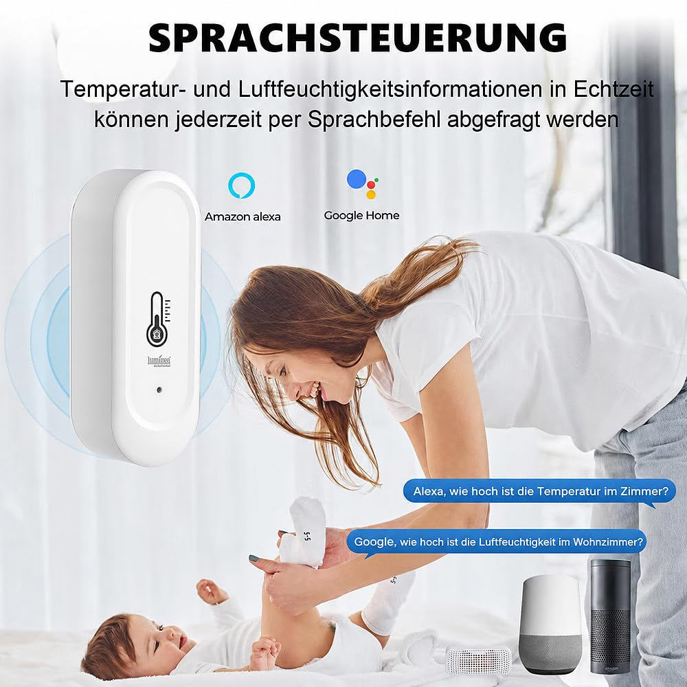 Luminea Home Control Temperatur Sensoren: 4er-Set WLAN-Außen- und Innen-Temperatur- und Luftfeuchtigkeitssensor (Thermometer Funk, Thermometer Hygrometer Funk, WC)
