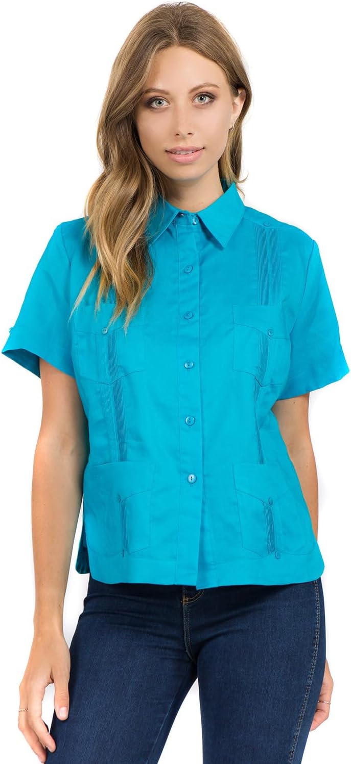 Women's Traditional Guayabera Shirt Premium 100% Linen Short Sleeve XS-3X