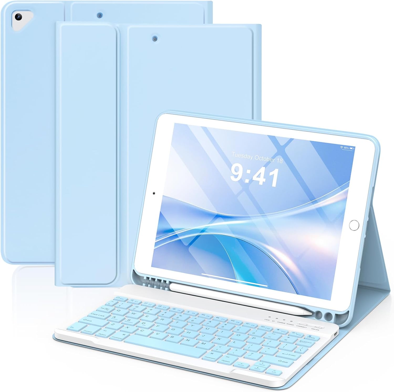 KBCASE Keyboard Case for iPad 9th/8th/7th Generation 2021/2020/2019, Compatible with iPad Air 3/Pro 10.5, Detachable Wireless Keyboard Case for iPad 10.2 inch with Pencil Holder (Light Blue)