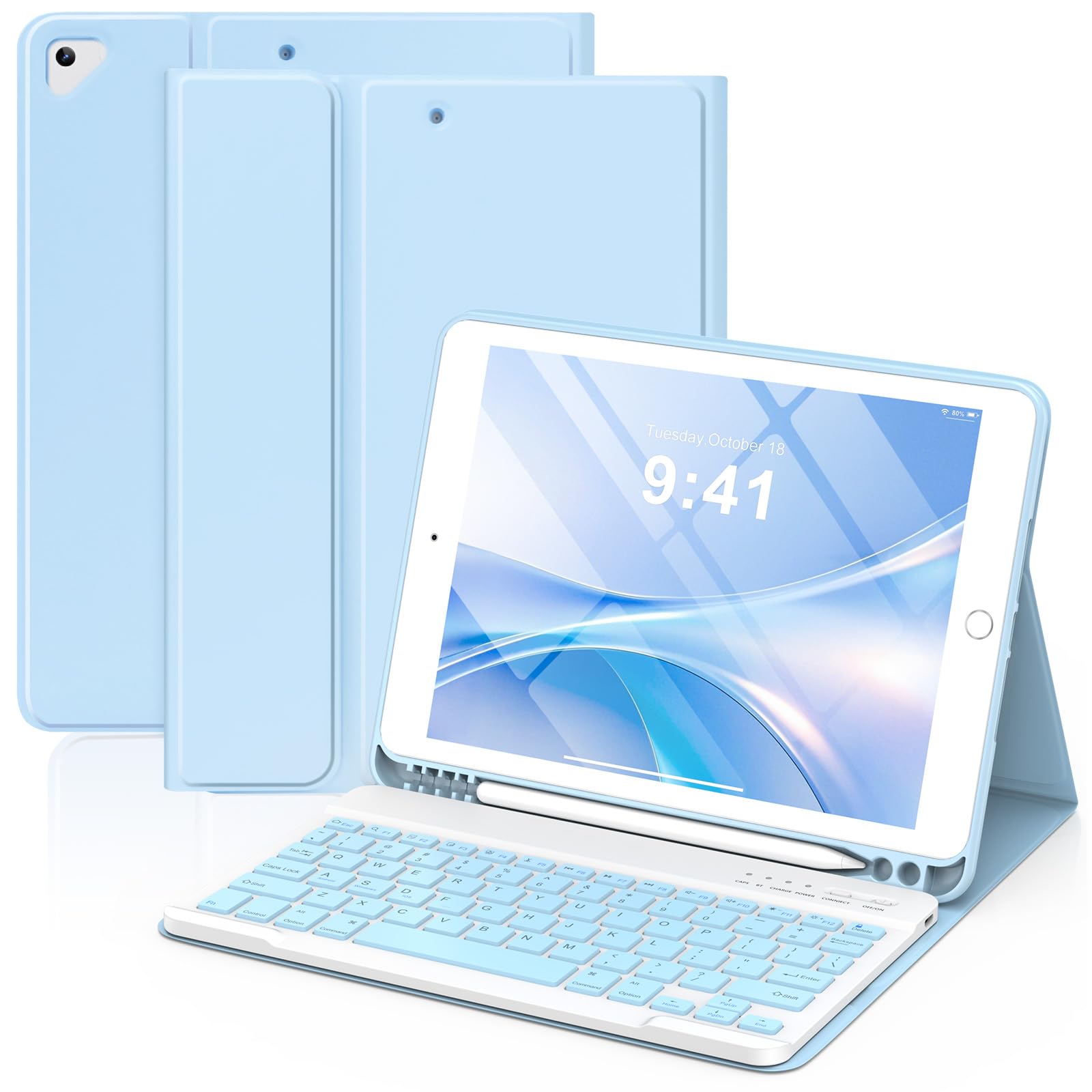 KBCASE Keyboard Case for iPad 9th/8th/7th Generation 2021/2020/2019, Compatible with iPad Air 3/Pro 10.5, Detachable Wireless Keyboard Case for iPad 10.2 inch with Pencil Holder (Light Blue)