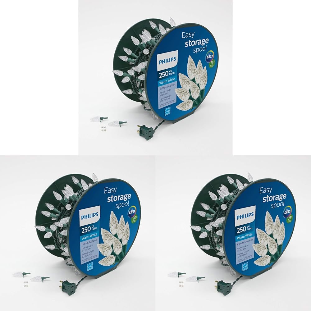 Philips 250 LED Warm White Faceted C6 Christmas Lights on Green Wire with Storage Spool - UL Listed for Indoor/Outdoor Use - 64.33' Total Length with 4" Bulb Spacing - String Lights for Christmas Tree