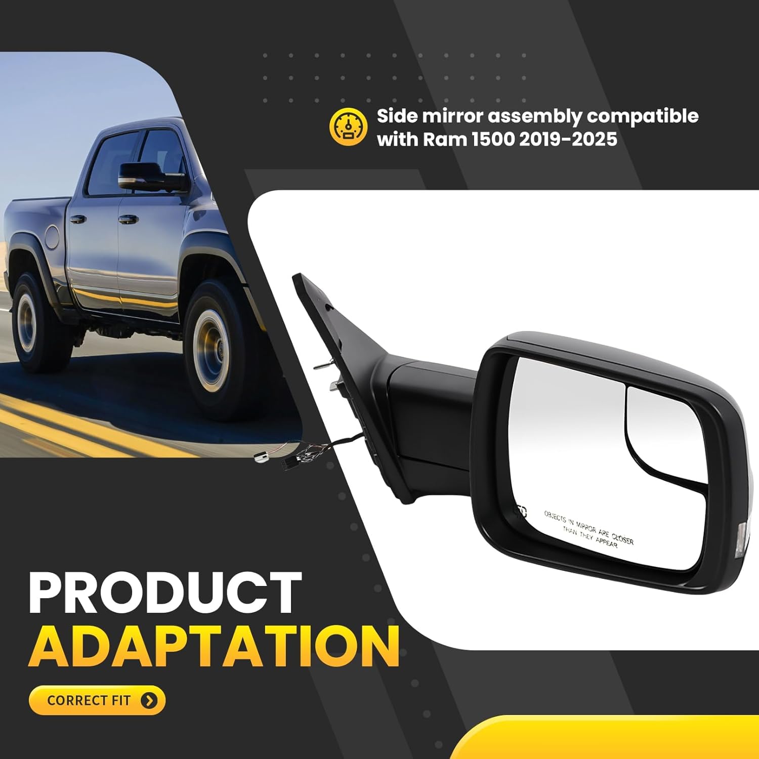 Right Side Mirror Assembly Compatible with Ram 1500 2019-2025 Passenger Heated Power Folding Blind Spot Glass urn Signal Light Puddle Light Matte Black 68276500AH (Right 10Pins)