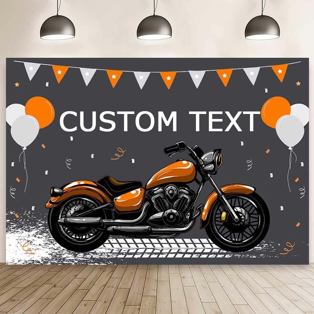 AIBIIN 7x5 ft Custom Motorcycle Birthday Backdrop, Personalized Customize Orange Motocross Racing Balloon Party Decoration, Your Text, Logo, Images