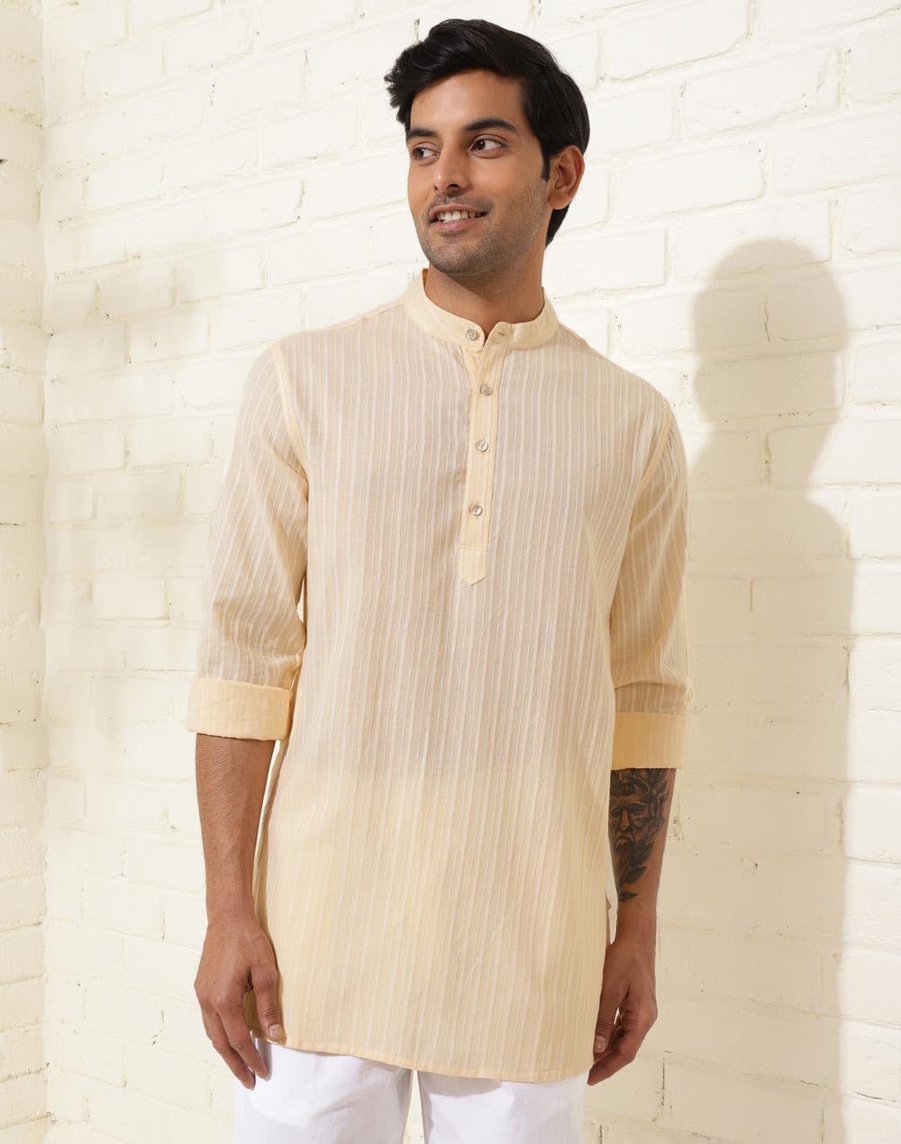 Fabindia Men's Cotton Woven Regular Kurta (1037128Lightyellow_Yellow